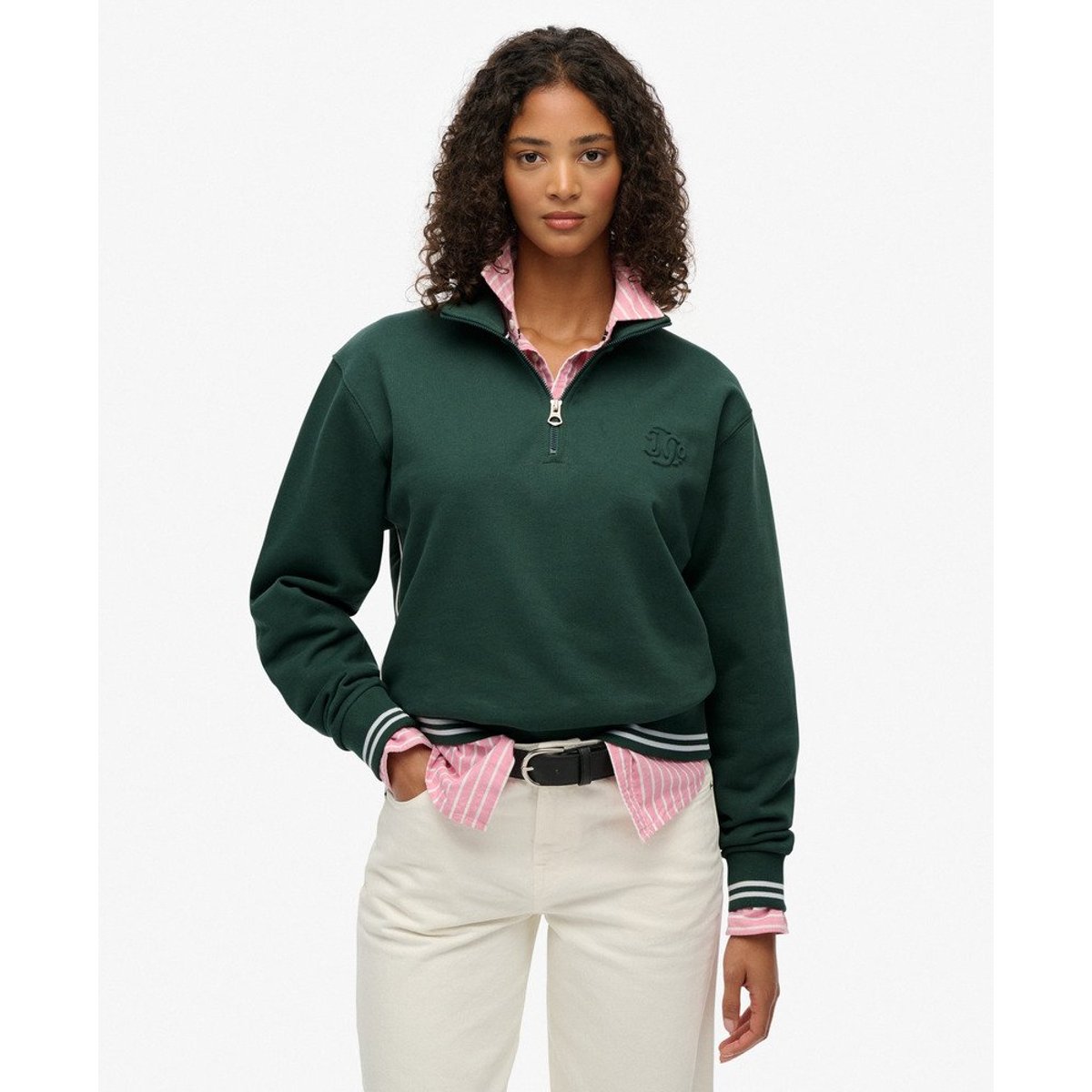 Pull Country Club à Demi-Zip Embossé vert émail, SUPERDRY