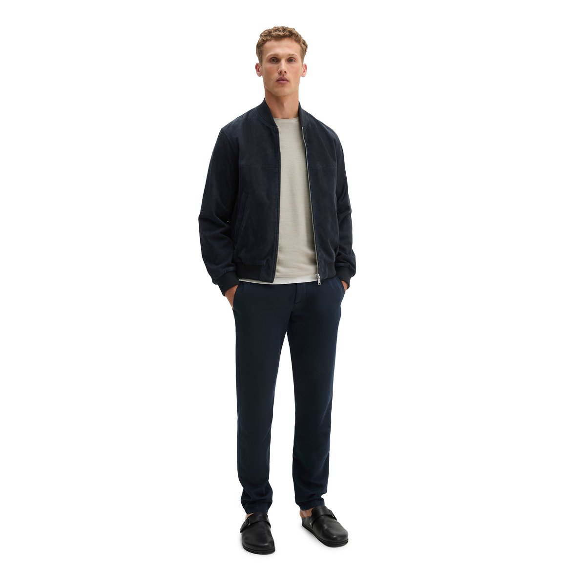 Veste en cuir régulière en cuir de chèvre souple bleu foncé, MARC O'POLO