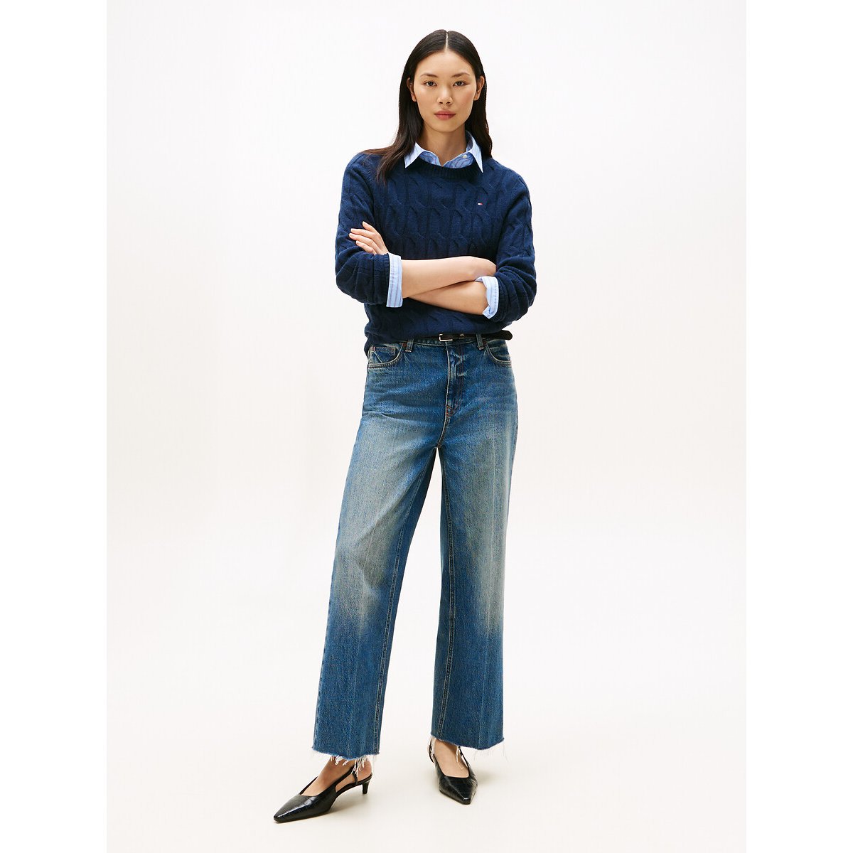 Wool Crew Neck Jumper in Cable Knit navy, TOMMY HILFIGER
