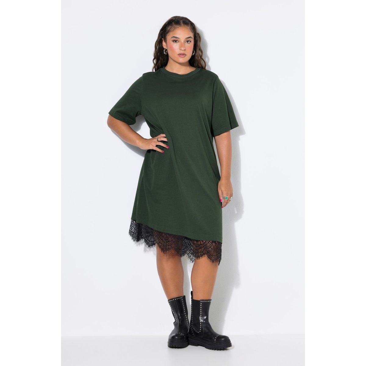 Robe chemise, ourlet en dentelle asymétrique olive foncé, STUDIO UNTOLD