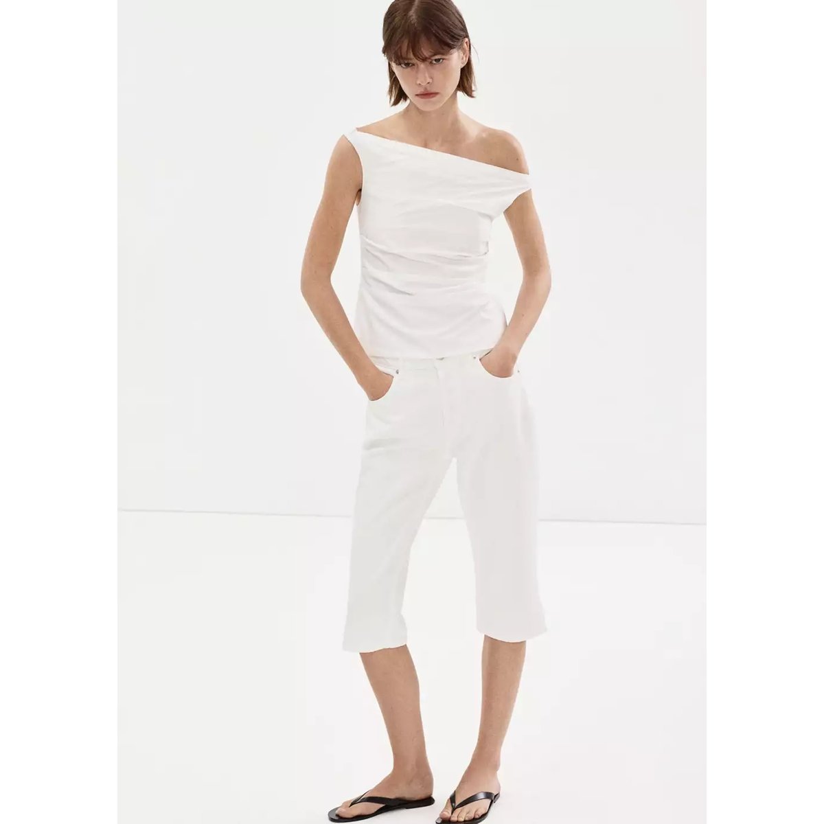 Top en coton drapé blanc cassé, MANGO