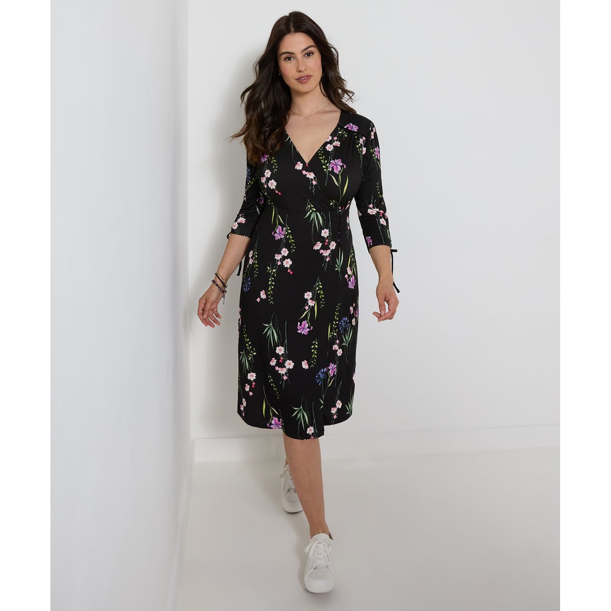 Robe en Jersey à Col V Fleurs Tombantes noir, JOE BROWNS