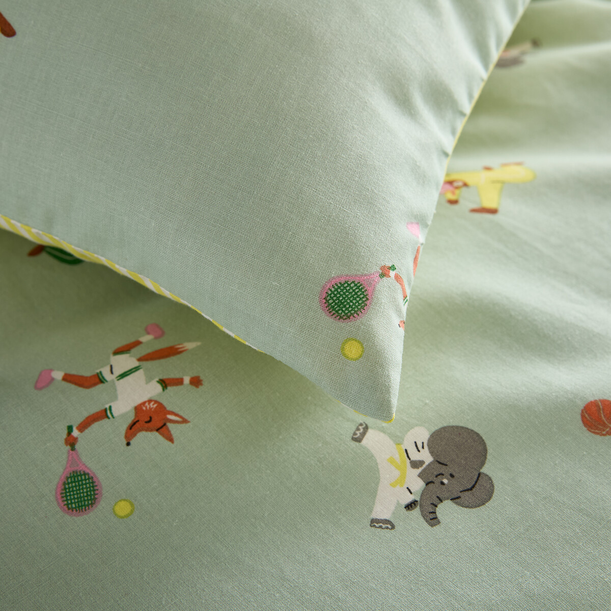 Funda de almohada infantil, 50% algodón reciclado, estampado de animales, ANIMAUX SPORTIFS verde azulado, LA REDOUTE INTERIEURS