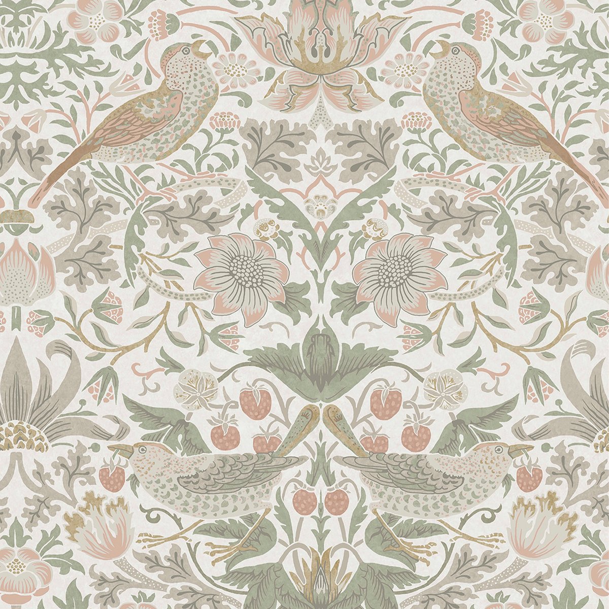 Papier peint Fleurs de fraisier et oiseaux un matin de printemps beige, vert, rose, WILLIAM MORRIS AT HOME