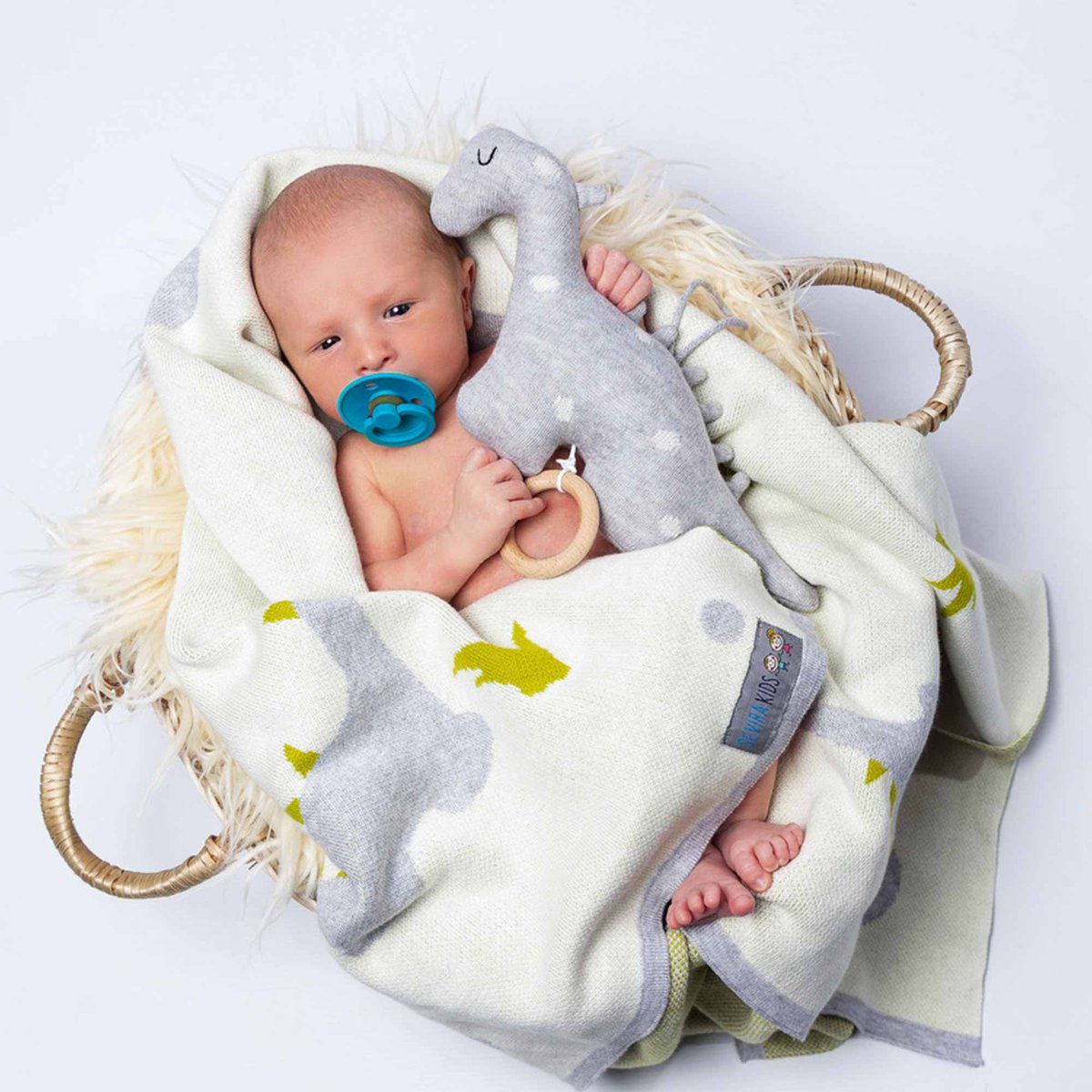 Couverture plaid en coton bio TRICOT écru, dino, SEVIRA KIDS