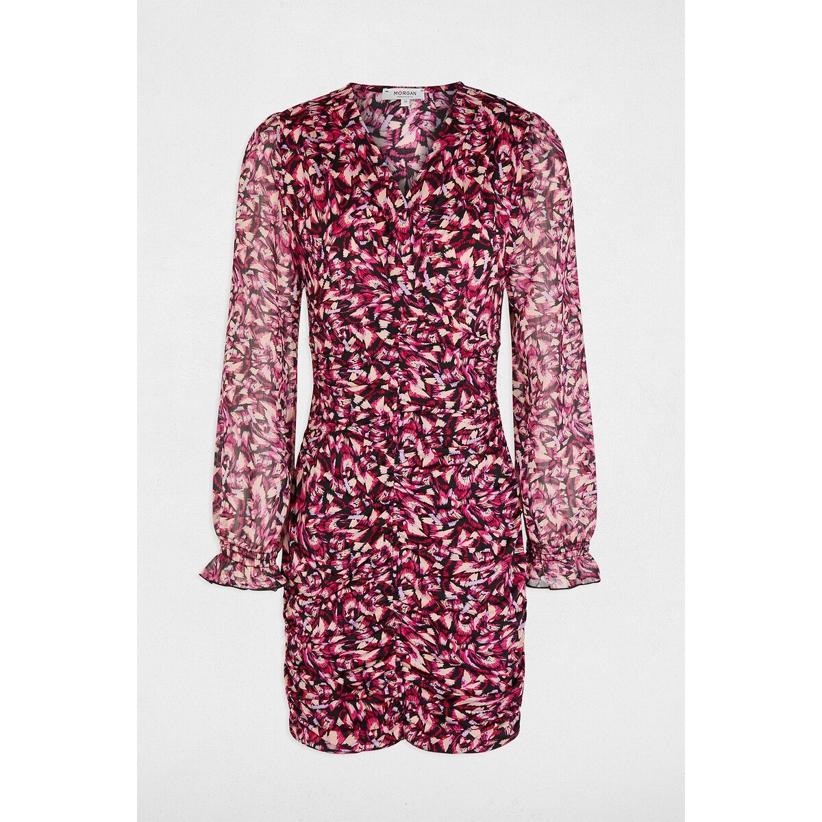 Printed V-Neck Mini Dress with Long Sleeves pink print, MORGAN