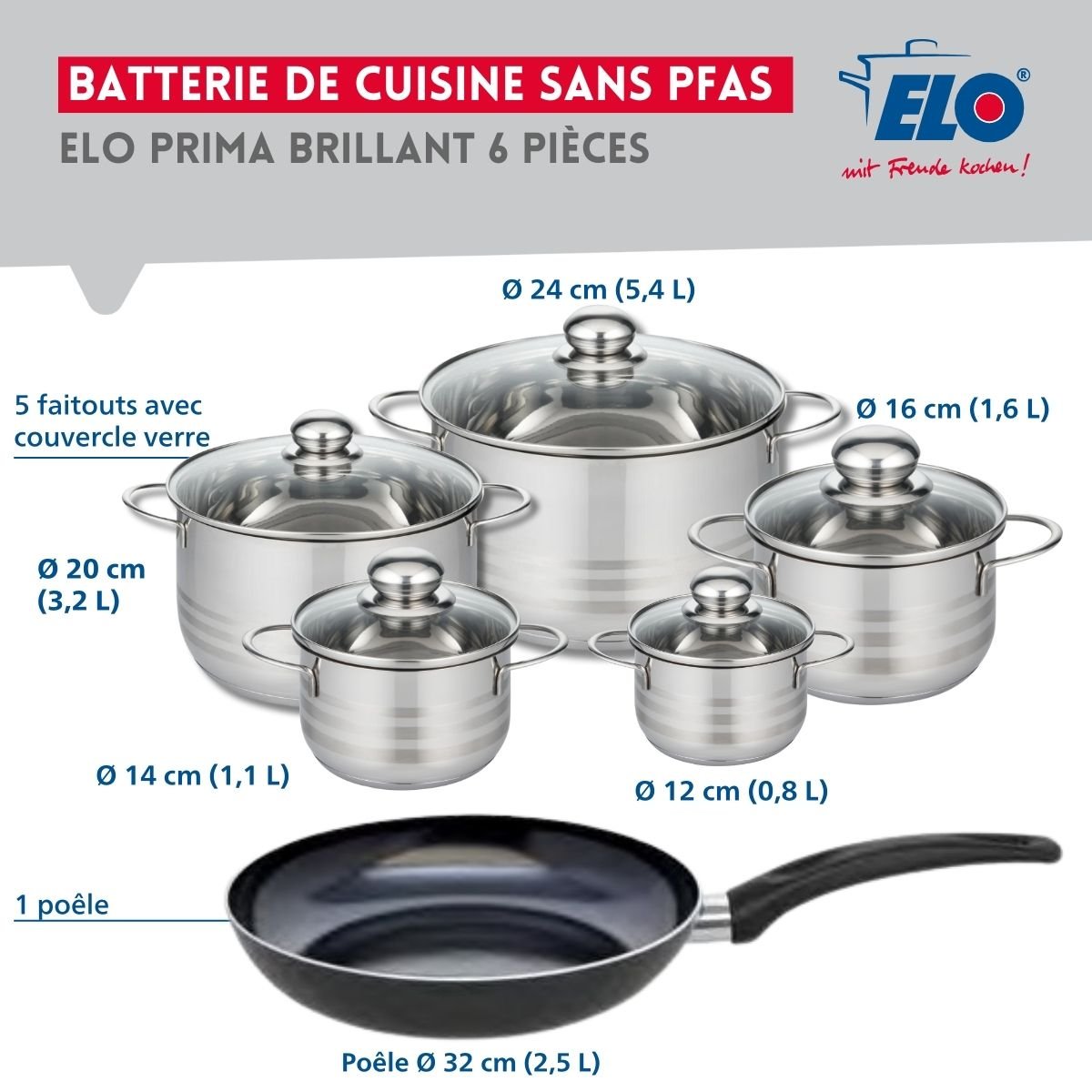1 poêle 32cm + 5 faitouts 12/14/16/20/24cm PRIMA BRILLANT noir, ELO