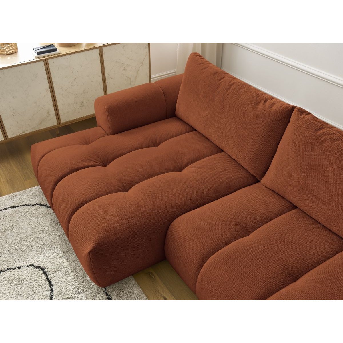 Canapé d'angle convertible 3 places en tissu lisse, FUJI orange, BOBOCHIC
