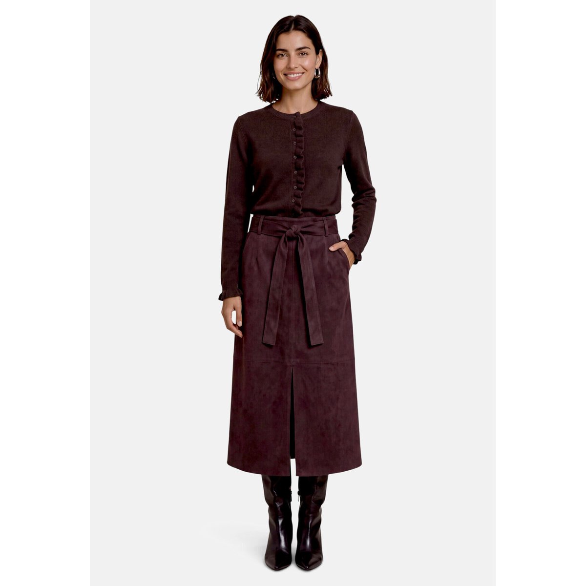 Cardigan en maille à ruches dark brown melange, ZERO