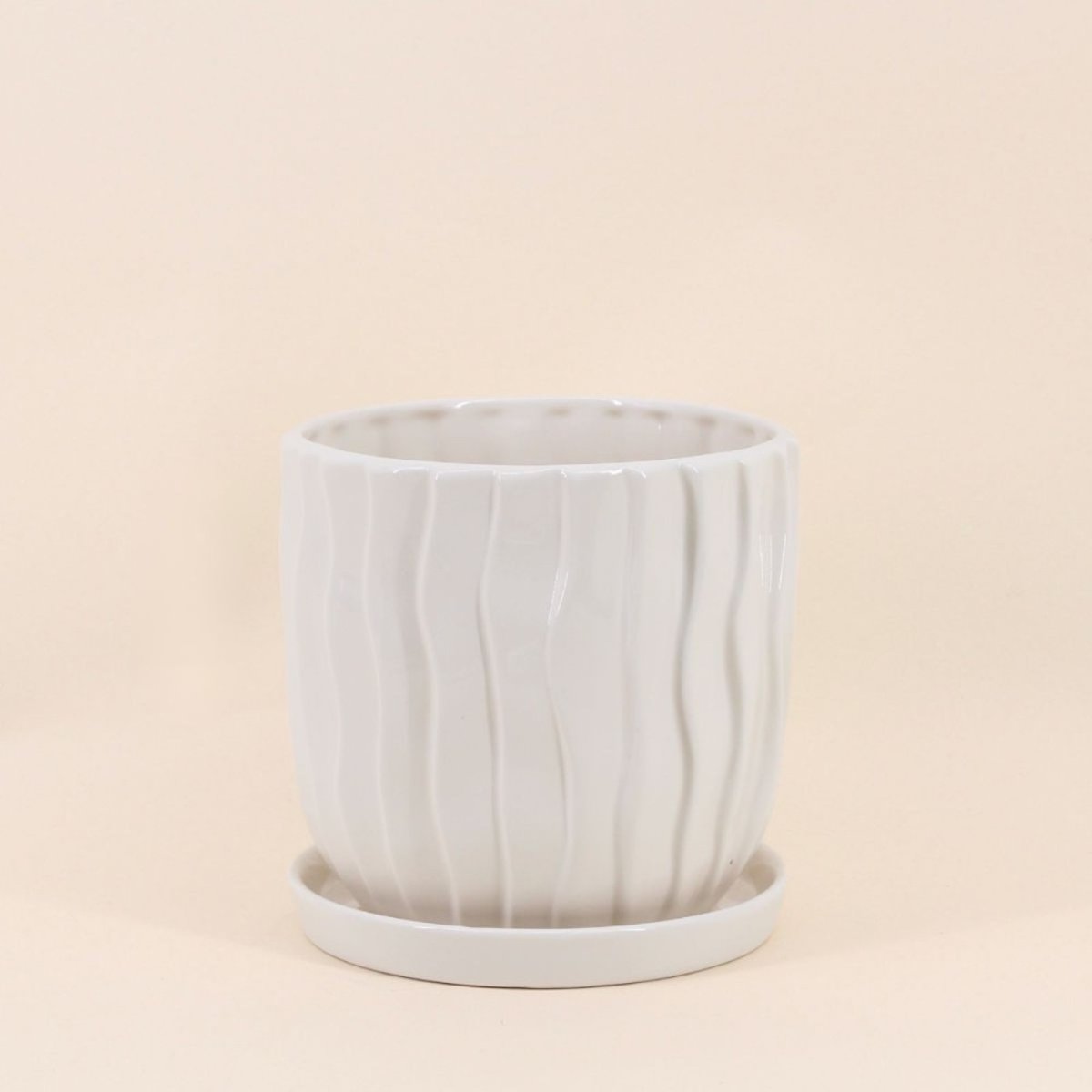 Cache-pot strié 20cm avec plateau beige, ORNAMI