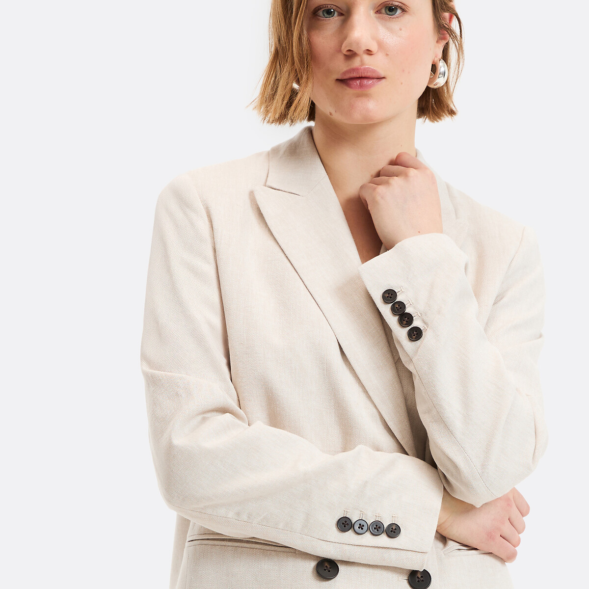 Blazer long, coupe oversize, en lin et coton beige, LA REDOUTE COLLECTIONS