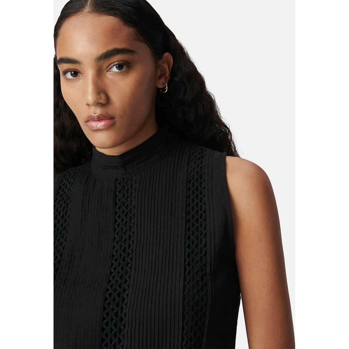 Blouse plissée sans manches à col montant lin/noir, IKKS