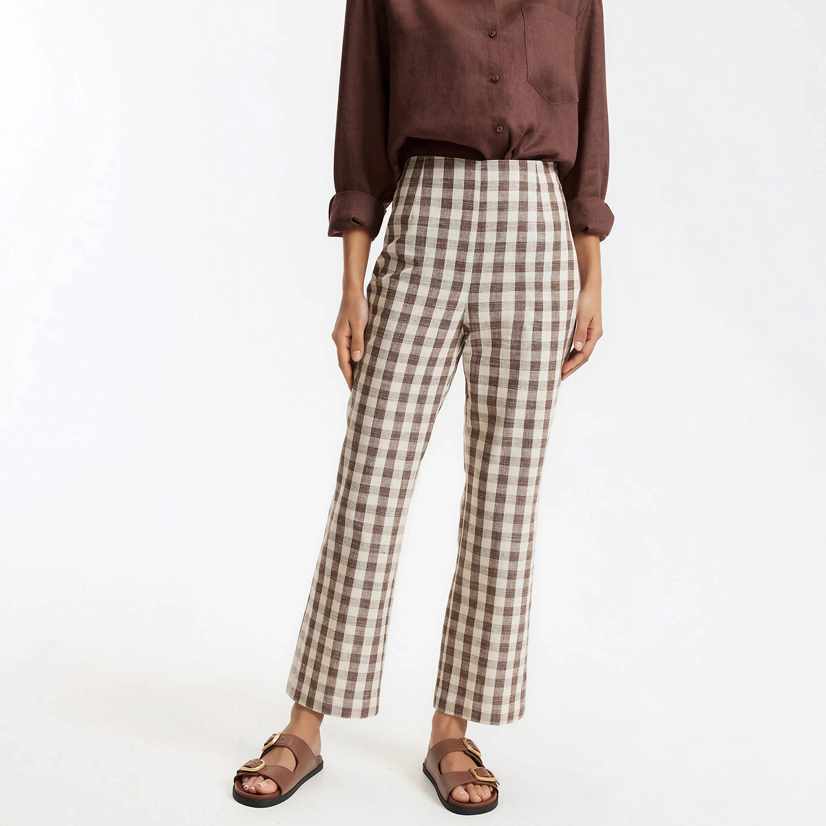 Calças bootcut 7/8 com estampado vichy vichy castanho, LA REDOUTE COLLECTIONS