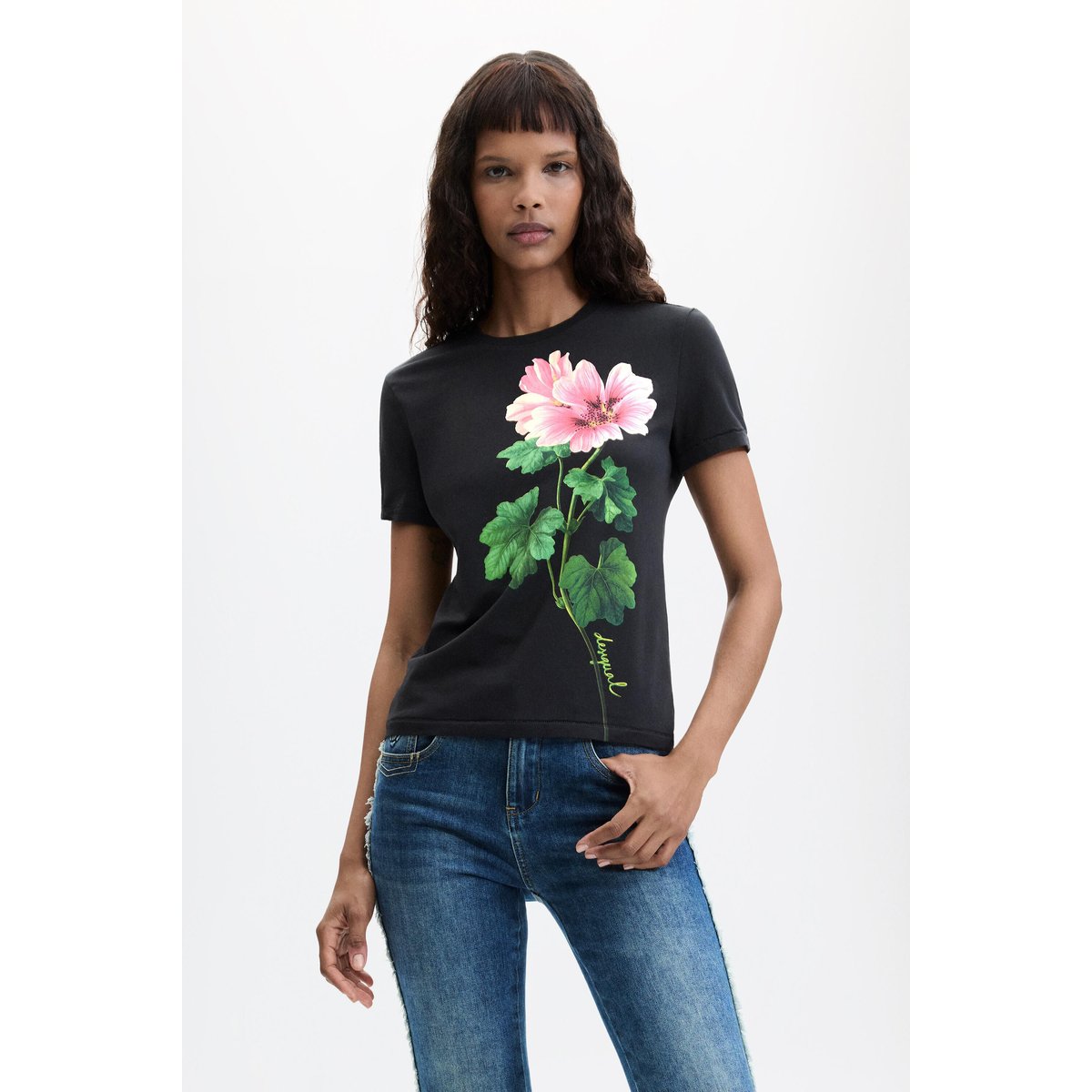T-shirt imprimé à fleurs noir, DESIGUAL