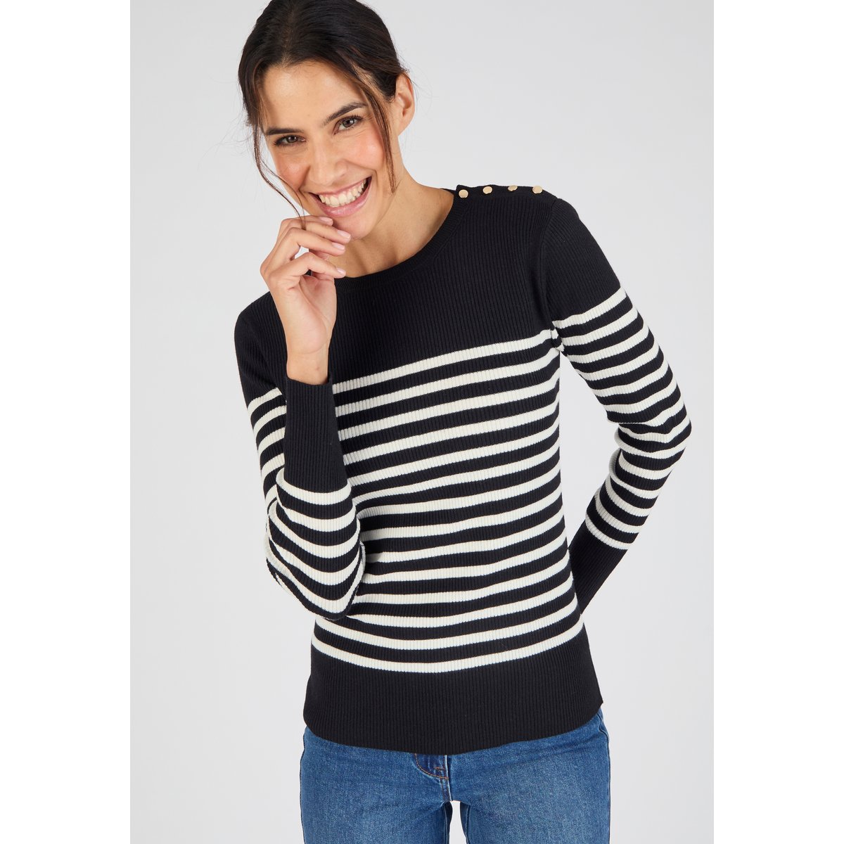 Pull côtelé uni ou rayé Thermolactyl noir rayé, DAMART