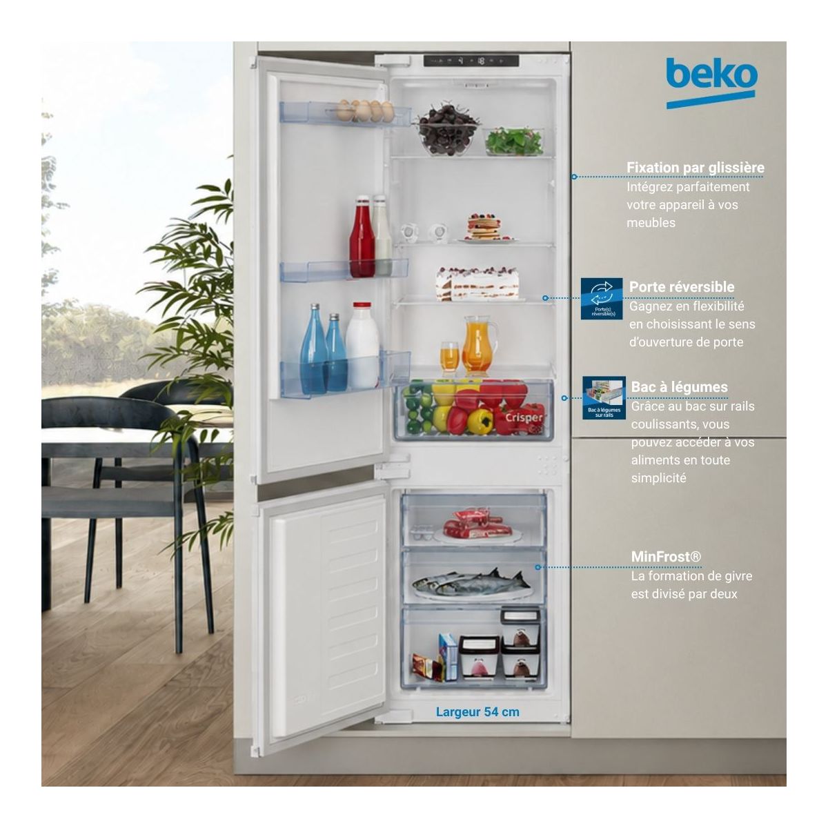 Réfrigérateur combiné encastrable BCSA285K4SNLH intégrable, BEKO