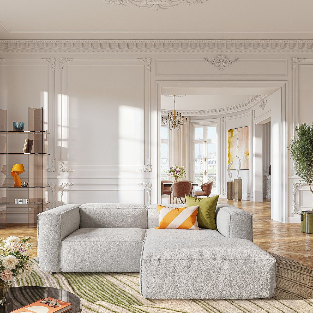 Canapé d'angle droit en tissu bouclette KUTI beige, HABITAT