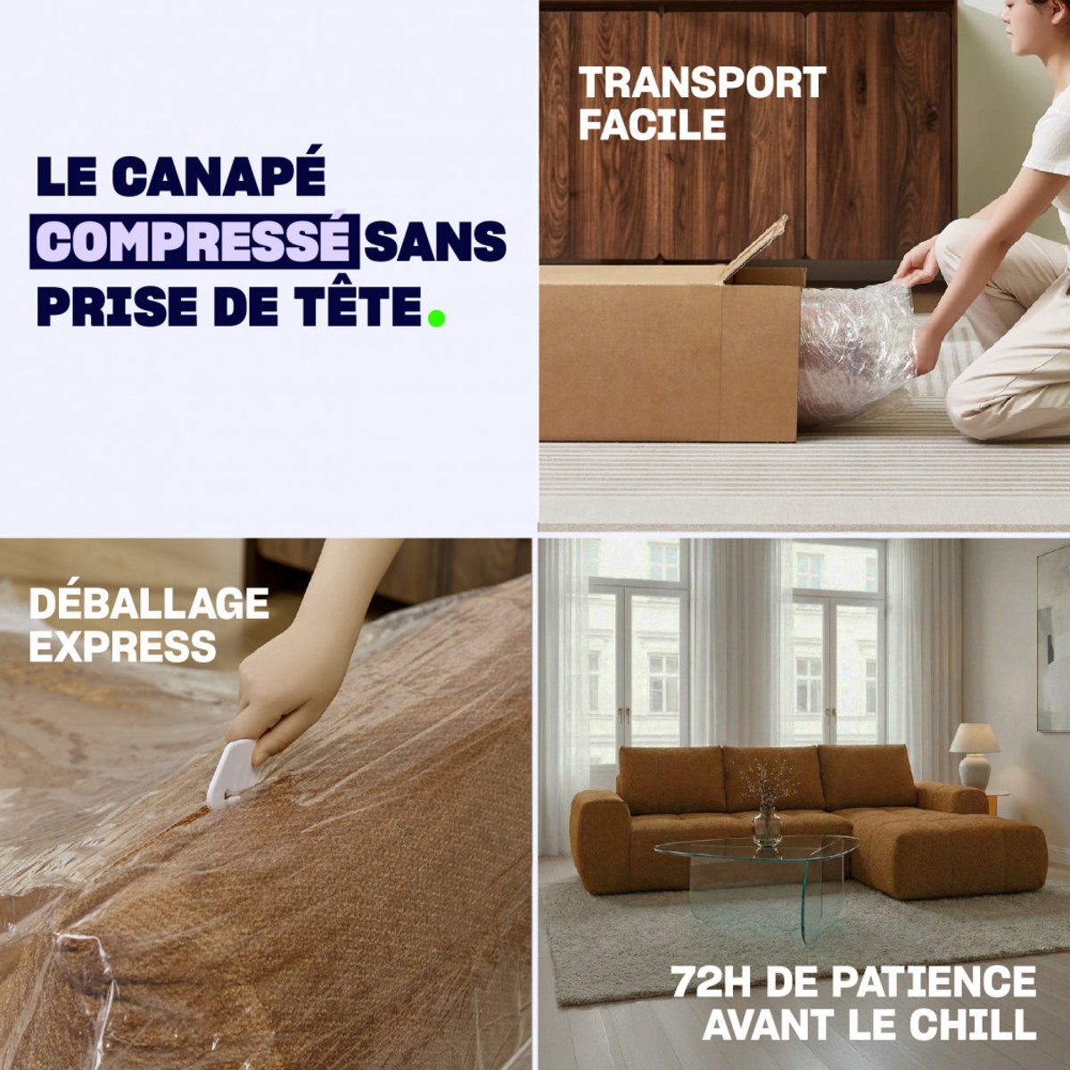 Canapé d'angle gauche compressé 3,5 places en tissu- LOUIS vert, DRAWER