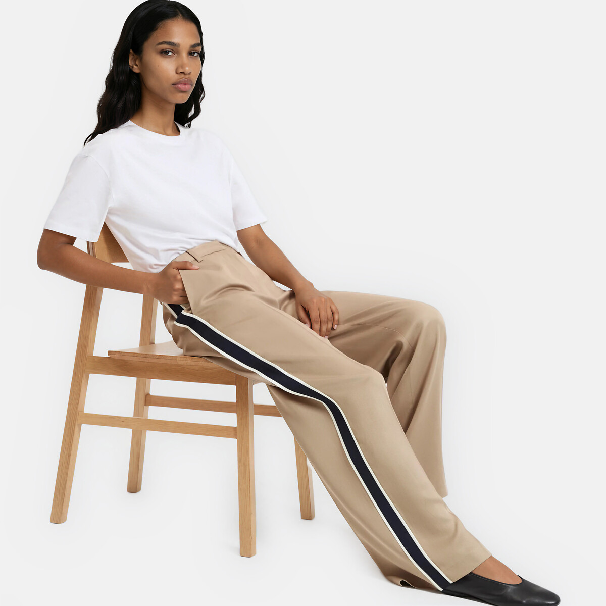 Pantalon large en lyocell à bandes côtés beige, LA REDOUTE COLLECTIONS