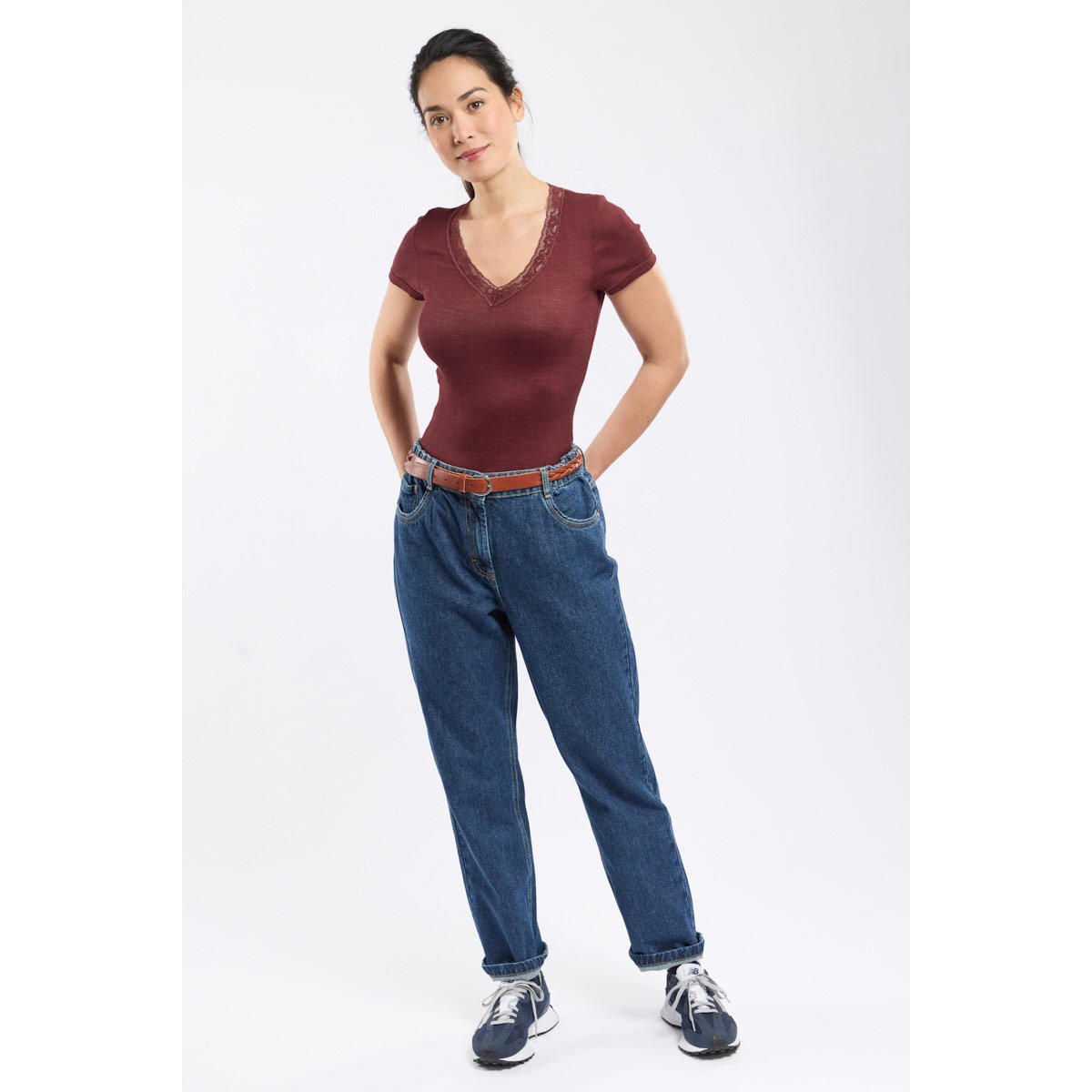 T-shirt col dentelle en laine et soie sandalo, ARMOR-LUX