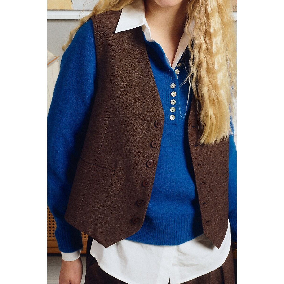 Gilet de costume col V marron chocolat, MOLLY BRACKEN