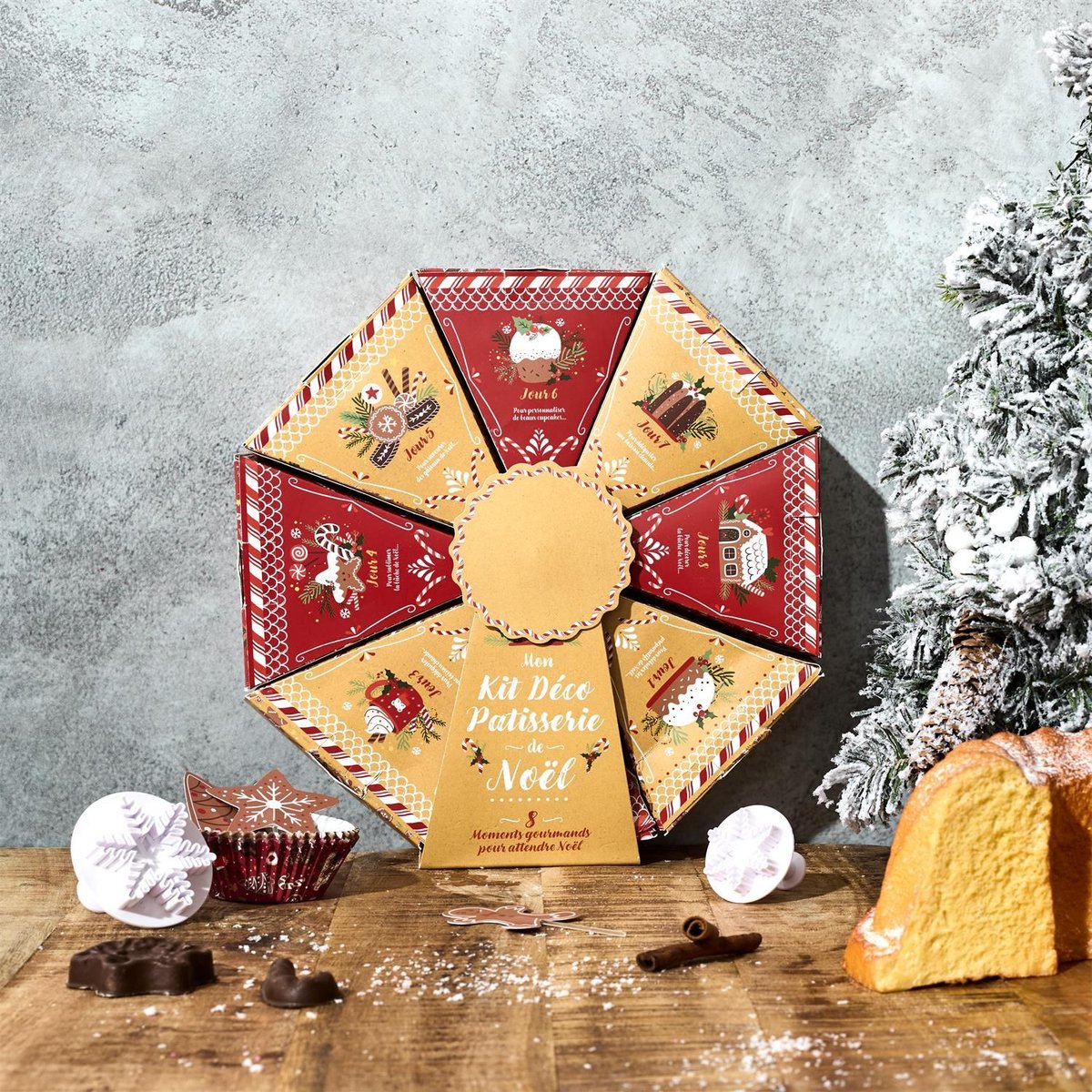 Calendrier de l'Avent Pâtisserie – Roue Déco Gâteaux de Noël 8 Compartiments rouge, TOILINUX