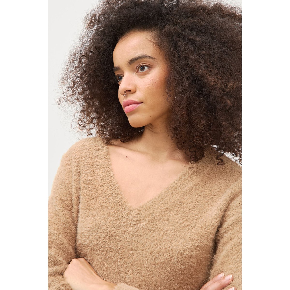 Pull droit col v manches longues camel, BONOBO