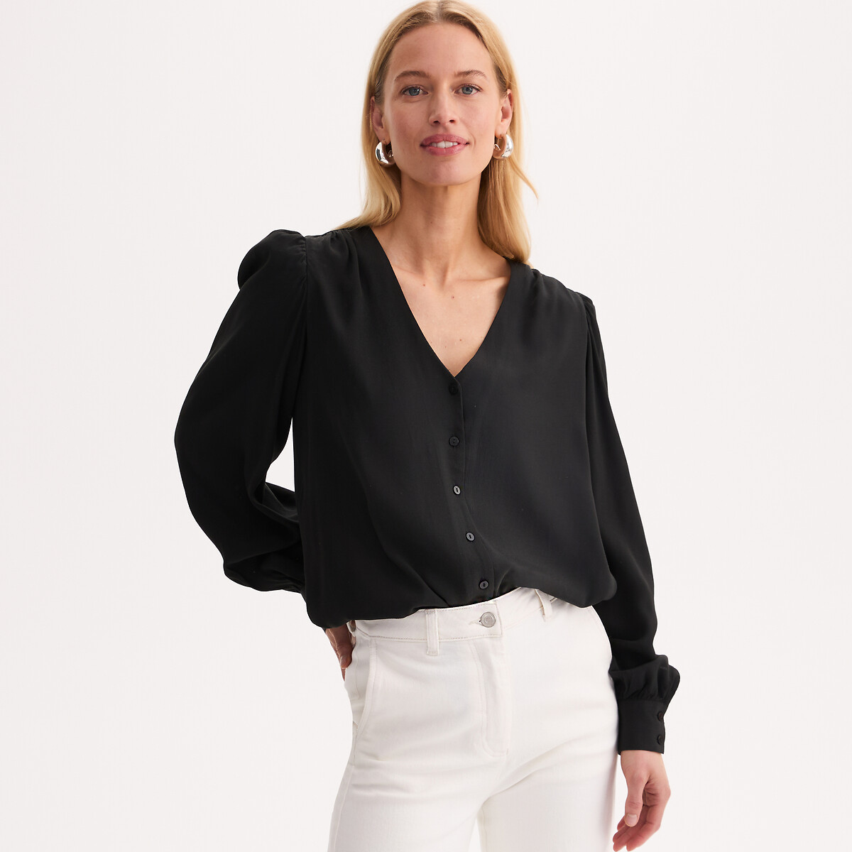Blouse col V, manches longues noir, ANNE WEYBURN