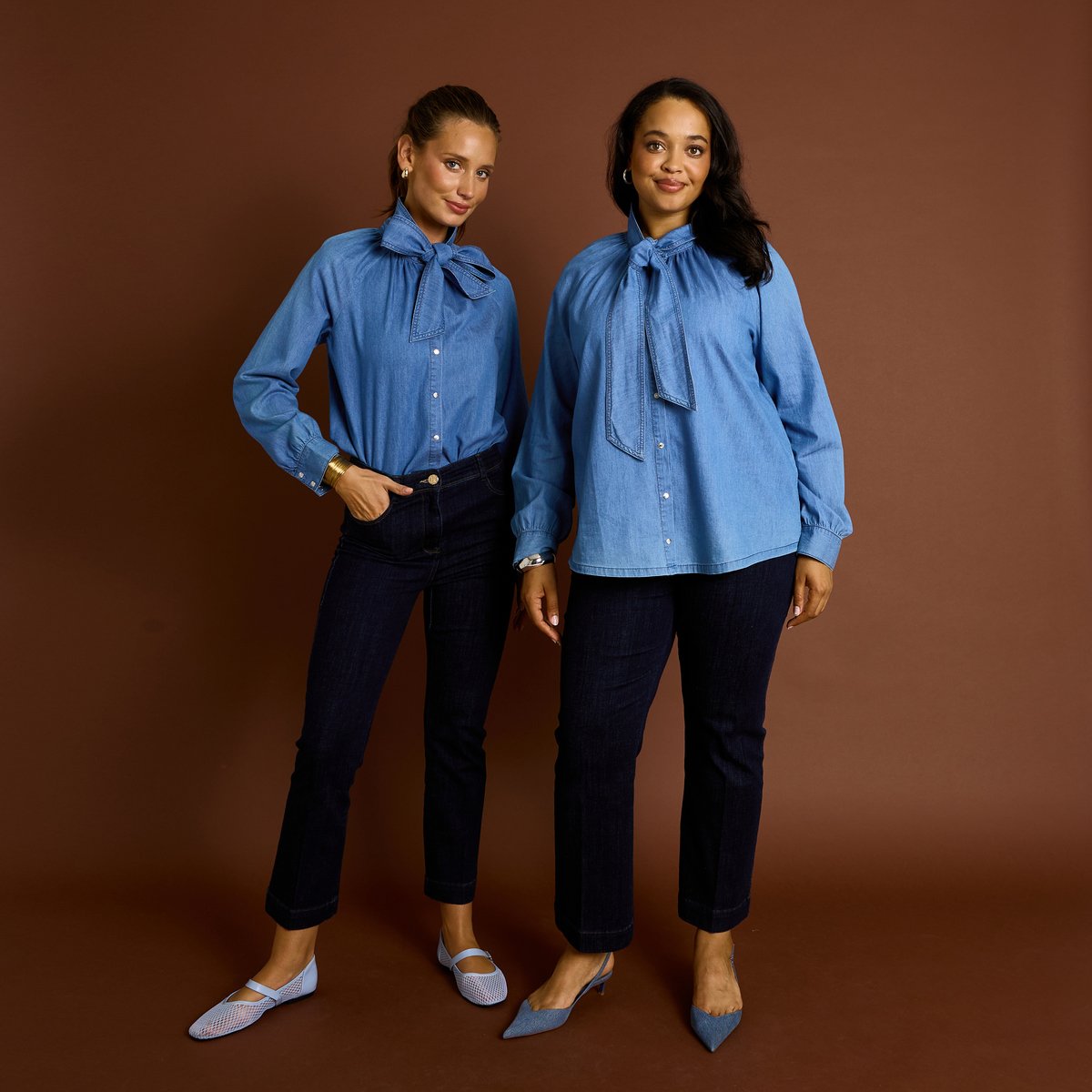 Chemisier denim col lavallière bleu light stone, GRAIN DE MALICE