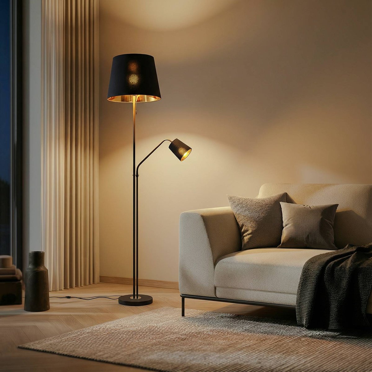 Lampadaire en métal moderne, Efalia noir, or, LINDBY