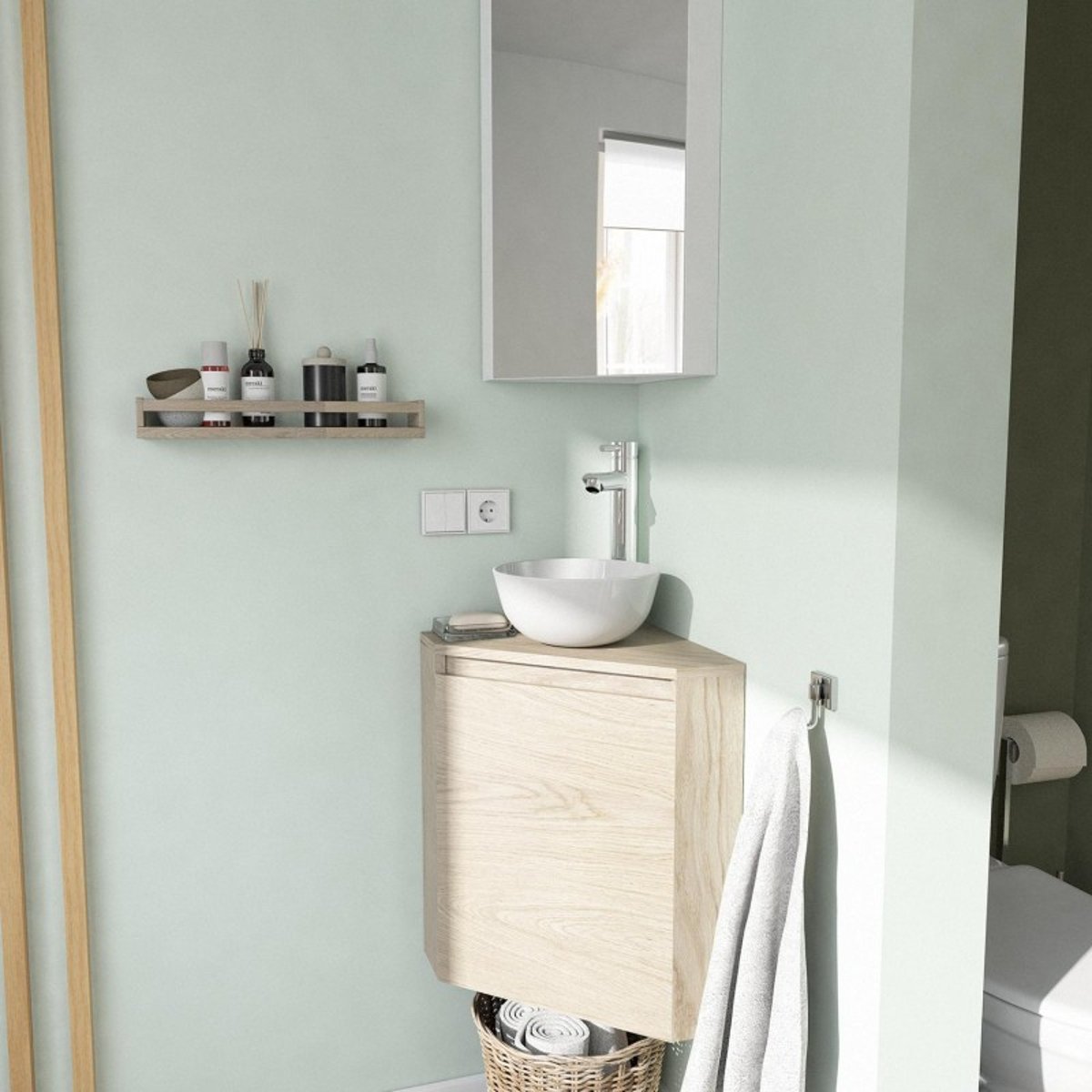 Lave-mains angle + vasque + armoire SORRENTO décor chêne, MOB IN
