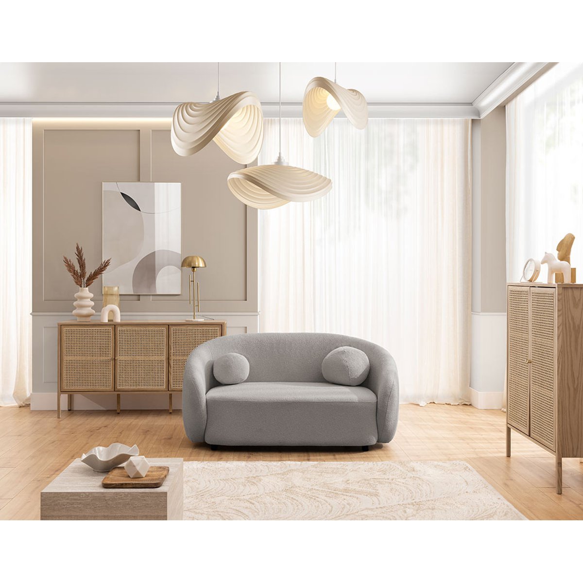 Flore - Canapé droit 2 places en tissu bouclette gris, BEST MOBILIER