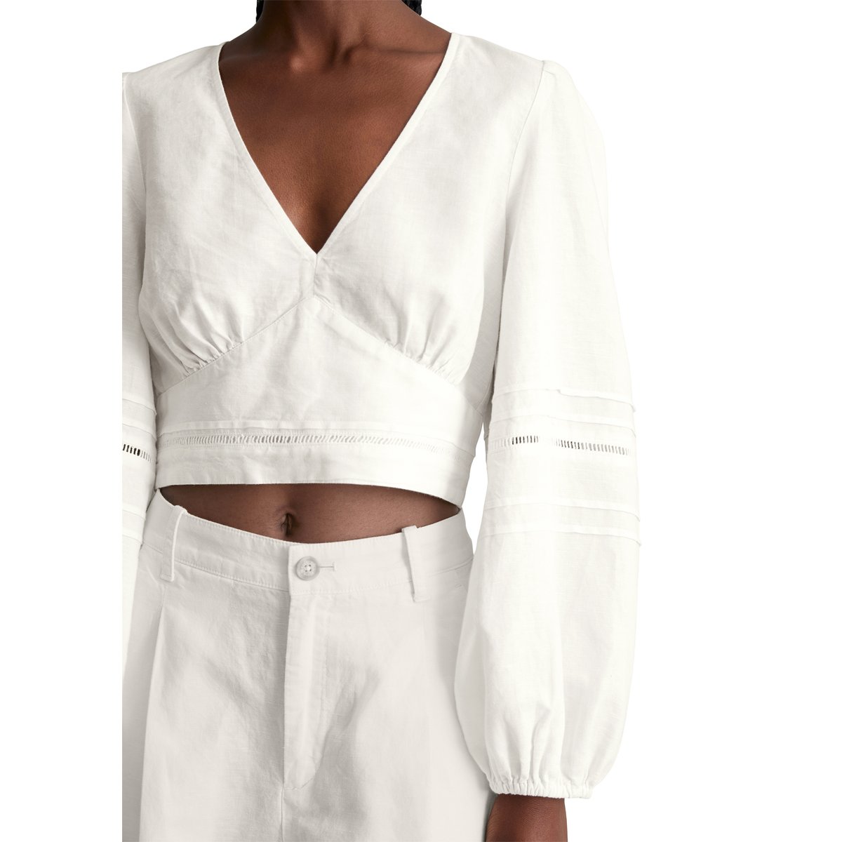 Chemisier portefeuille boho slim en mélange de lin et de coton blanc, MARC O’POLO DENIM