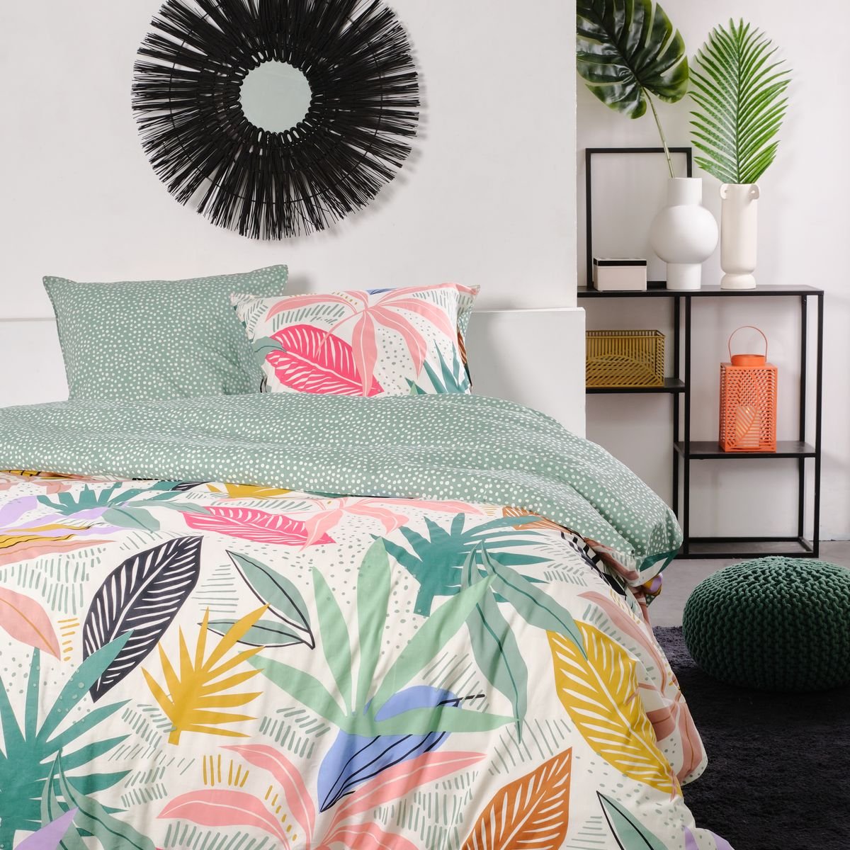 Parure de lit imprimé floral coton SUNSHINE FLORE vert, TODAY