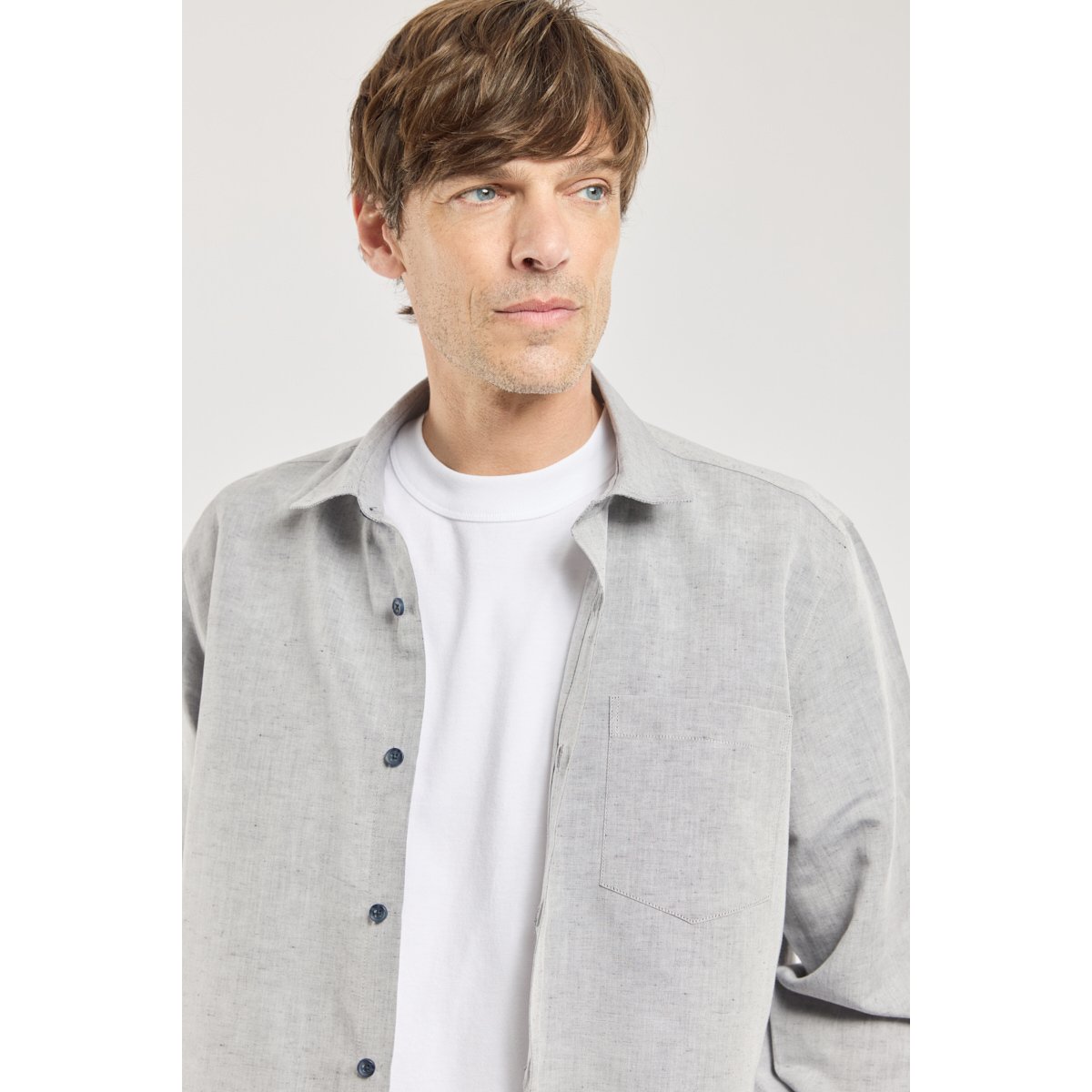 Chemise avec poche - lin et coton medium grey, ARMOR-LUX