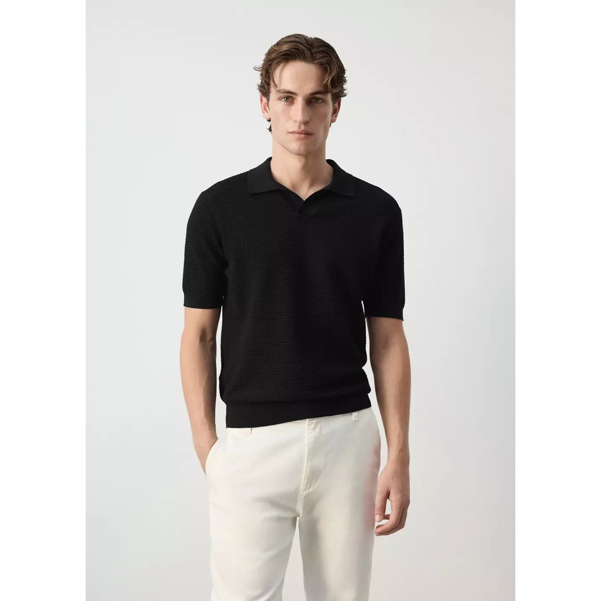 Polo 100 % coton maille structure noir, MANGO MAN