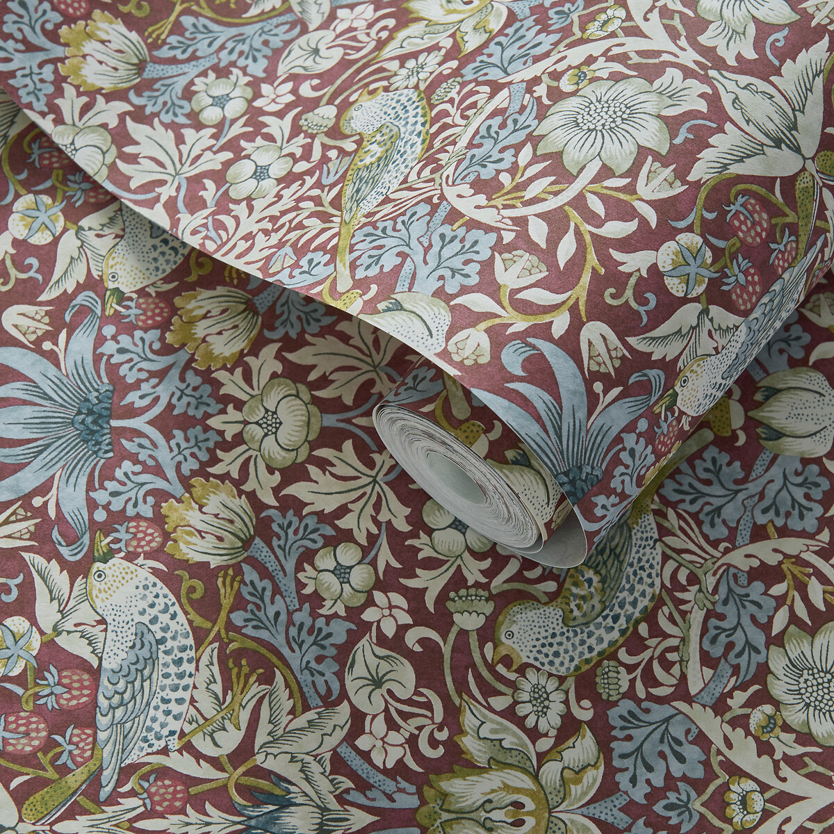 Strawberry Thief Plum Wallpaper deep red, WILLIAM MORRIS BY CLARKE & CLARKE