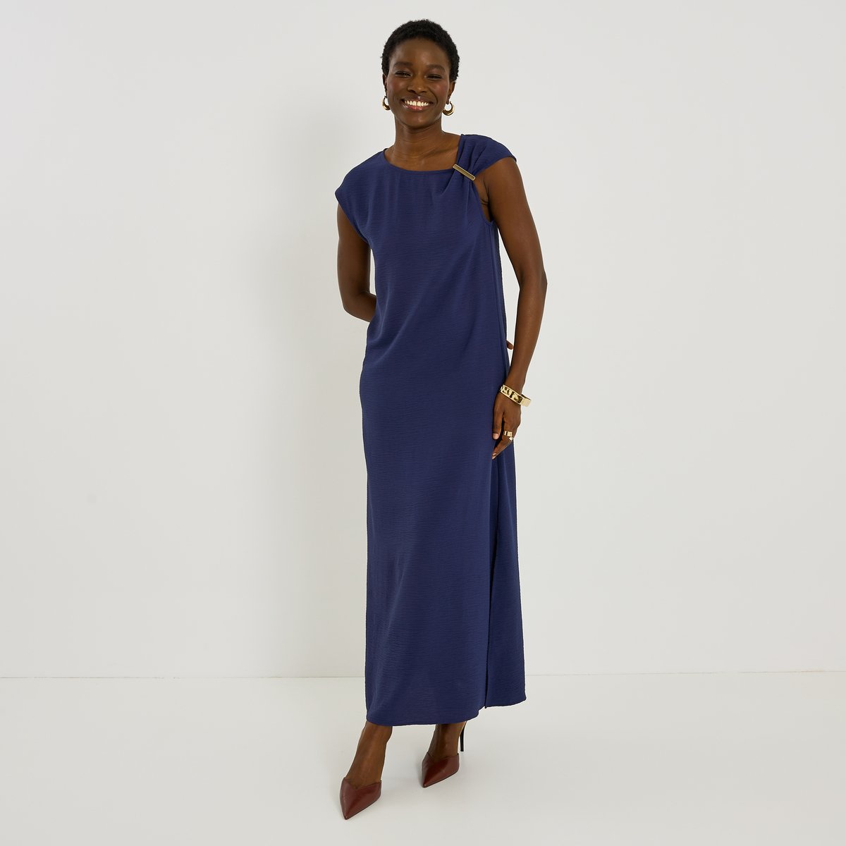 Robe longue habillée détail bijou bleu marine, GRAIN DE MALICE