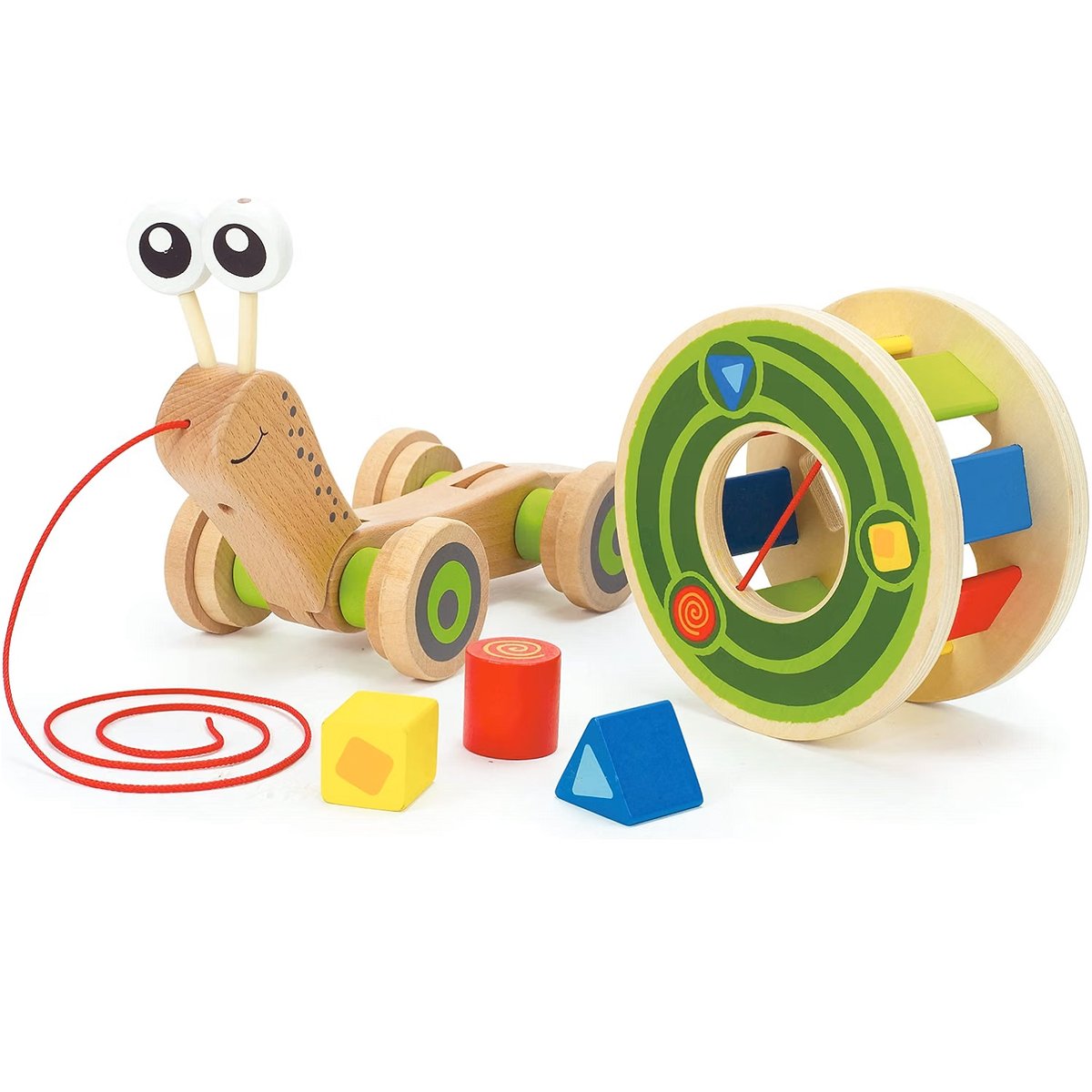 Escargot à tirer avec jeu de formes vert, jaune, rouge, HAPE