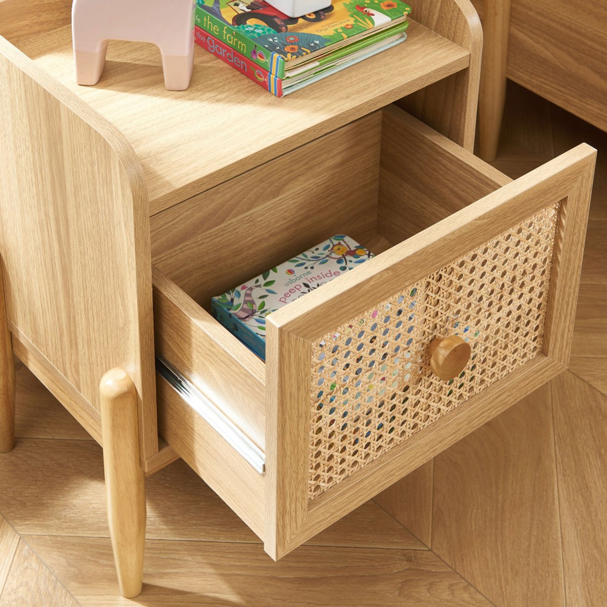 Table de chevet enfant 1 tiroir en bois et cannage- LILOU bois clair, DRAWER