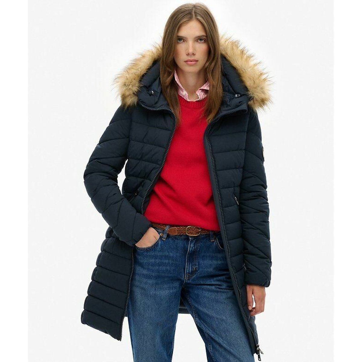 Mid-Length Padded Jacket with Faux Fur Hood navy blue, SUPERDRY