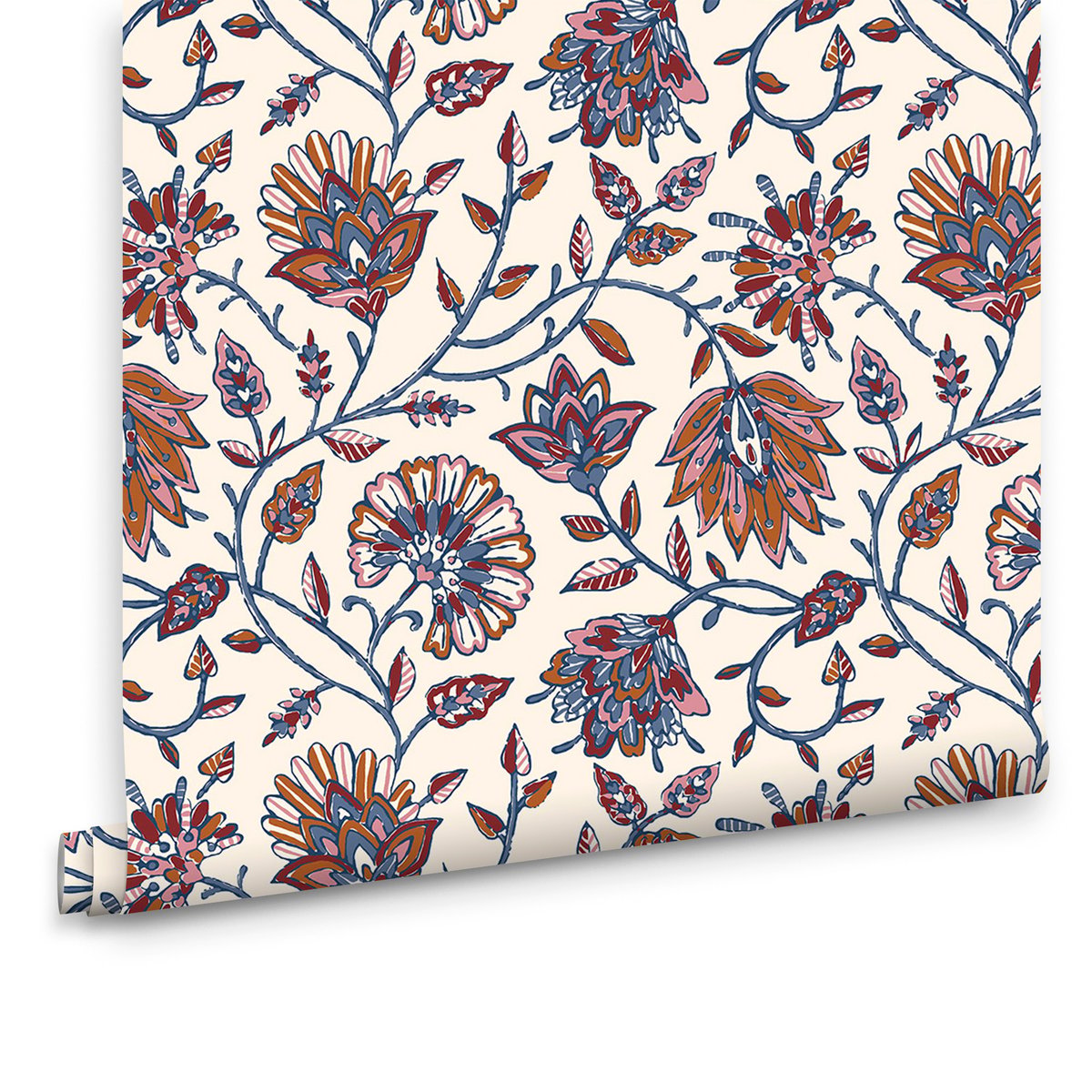 Papier peint fleurs indiennes bleu, corail, rose, JOULES