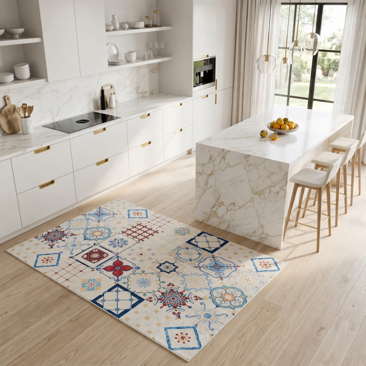 Tapis de cuisine, motif traditionnel kilim, tissé, LYN11 LISBONNE bleu, rouge, multicolore, UN AMOUR DE TAPIS