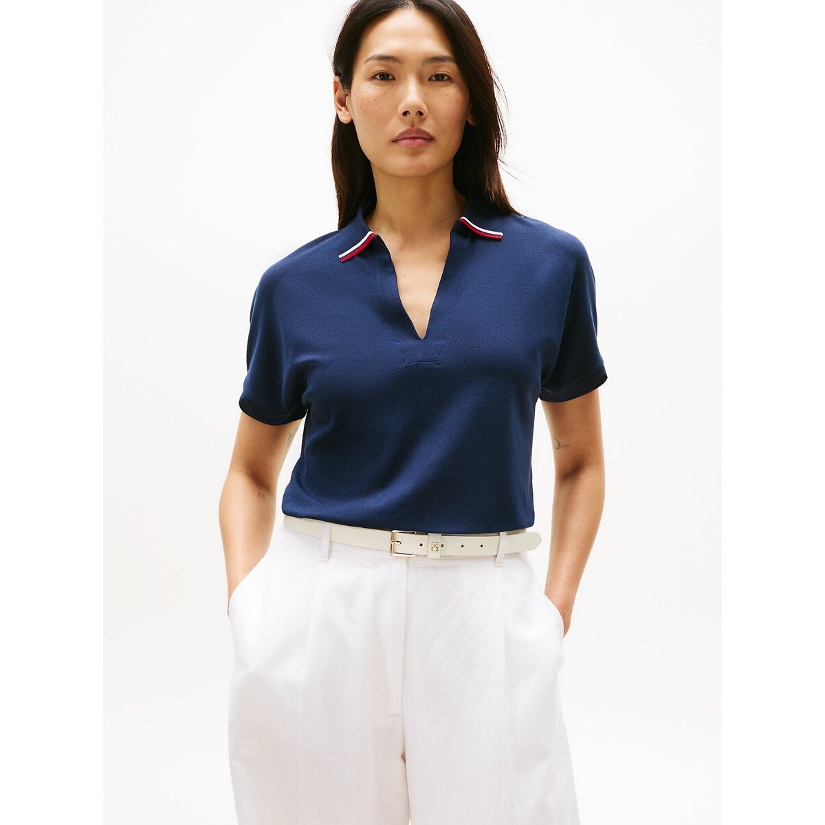 T-shirt manches courtes à col polo bleu marine, TOMMY HILFIGER