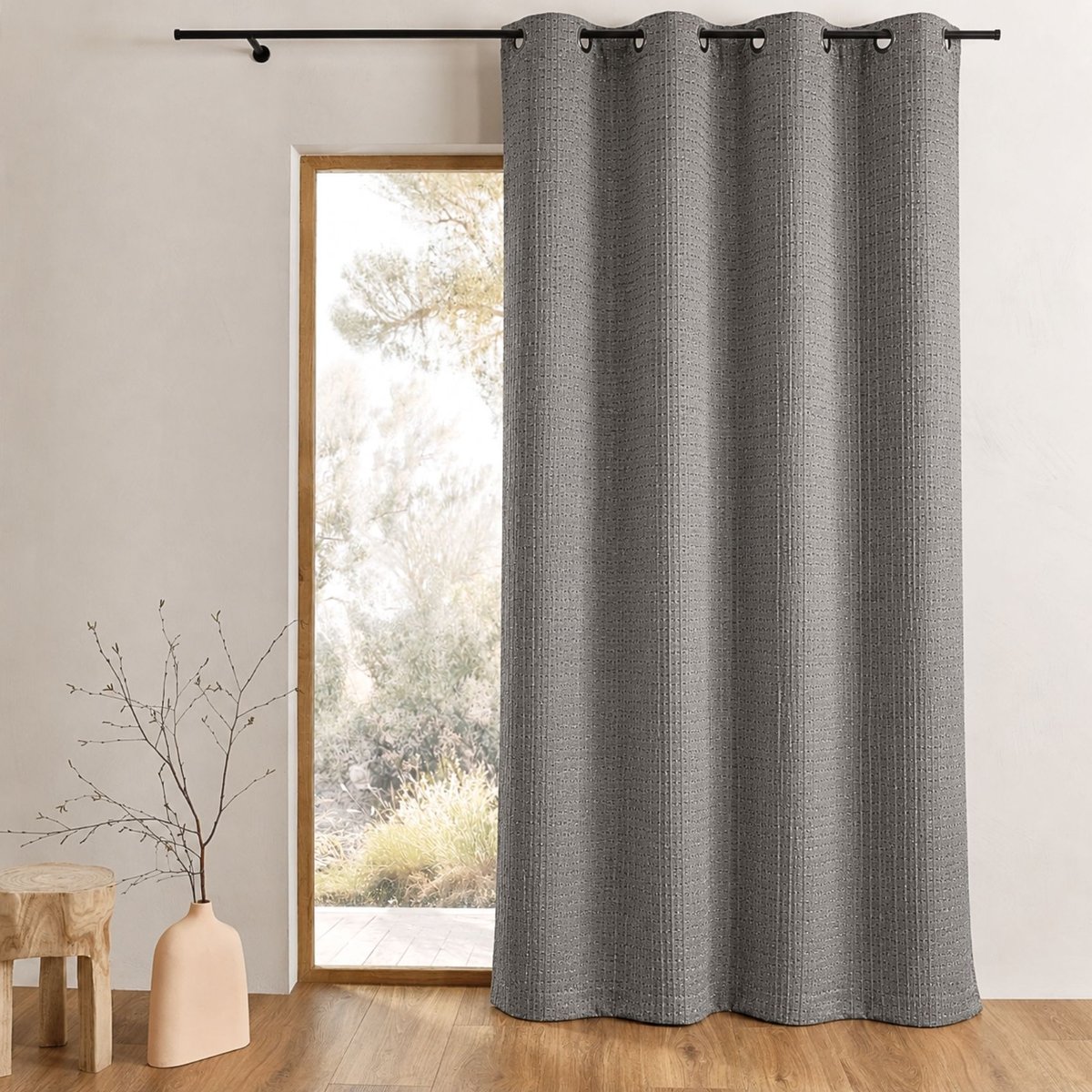 Rideau tamisant épais en jacquard uni à reliefs taupe, HOME MAISON