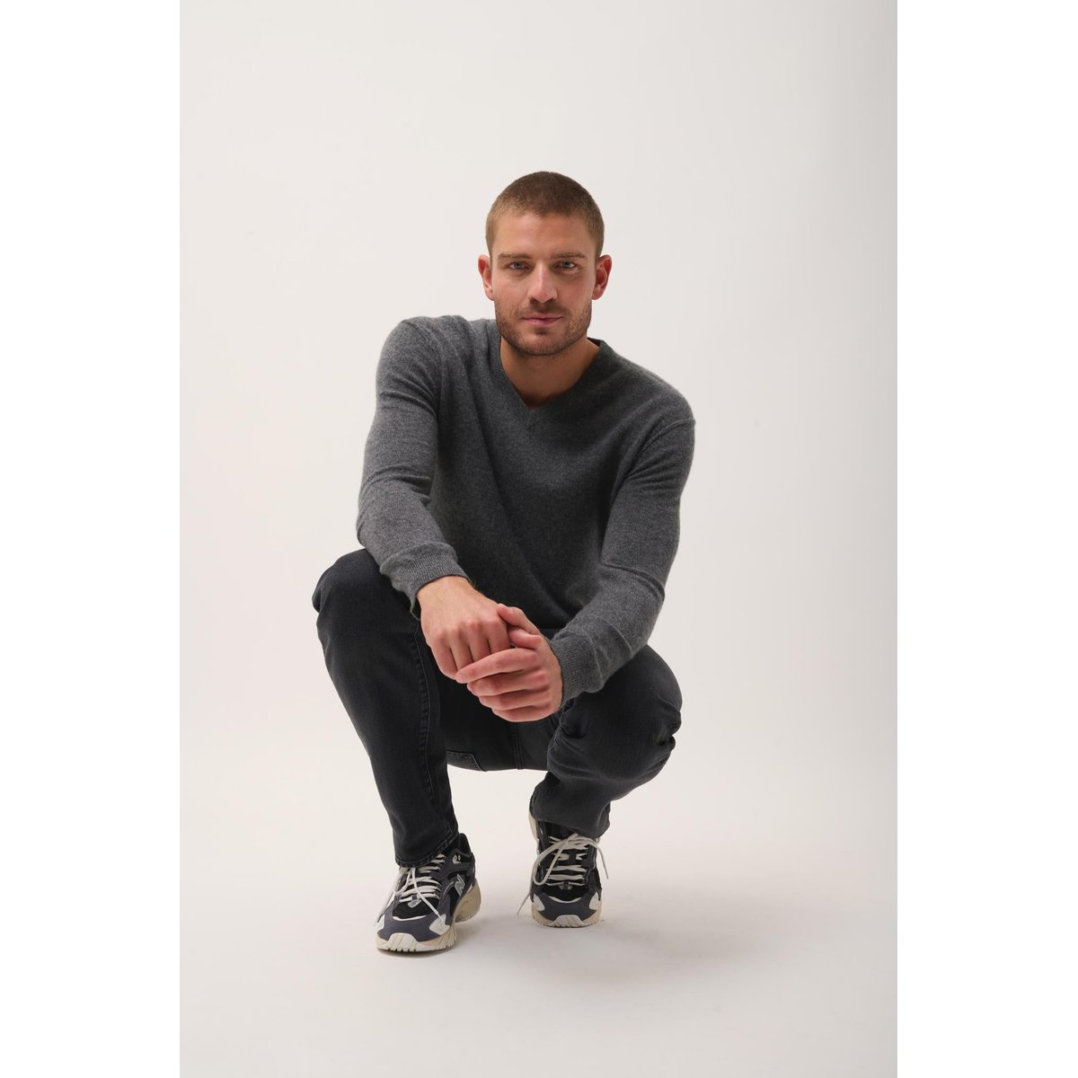 Pull Col V Anthracite Chiné Tom gris anthracite chiné, JUST CASHMERE