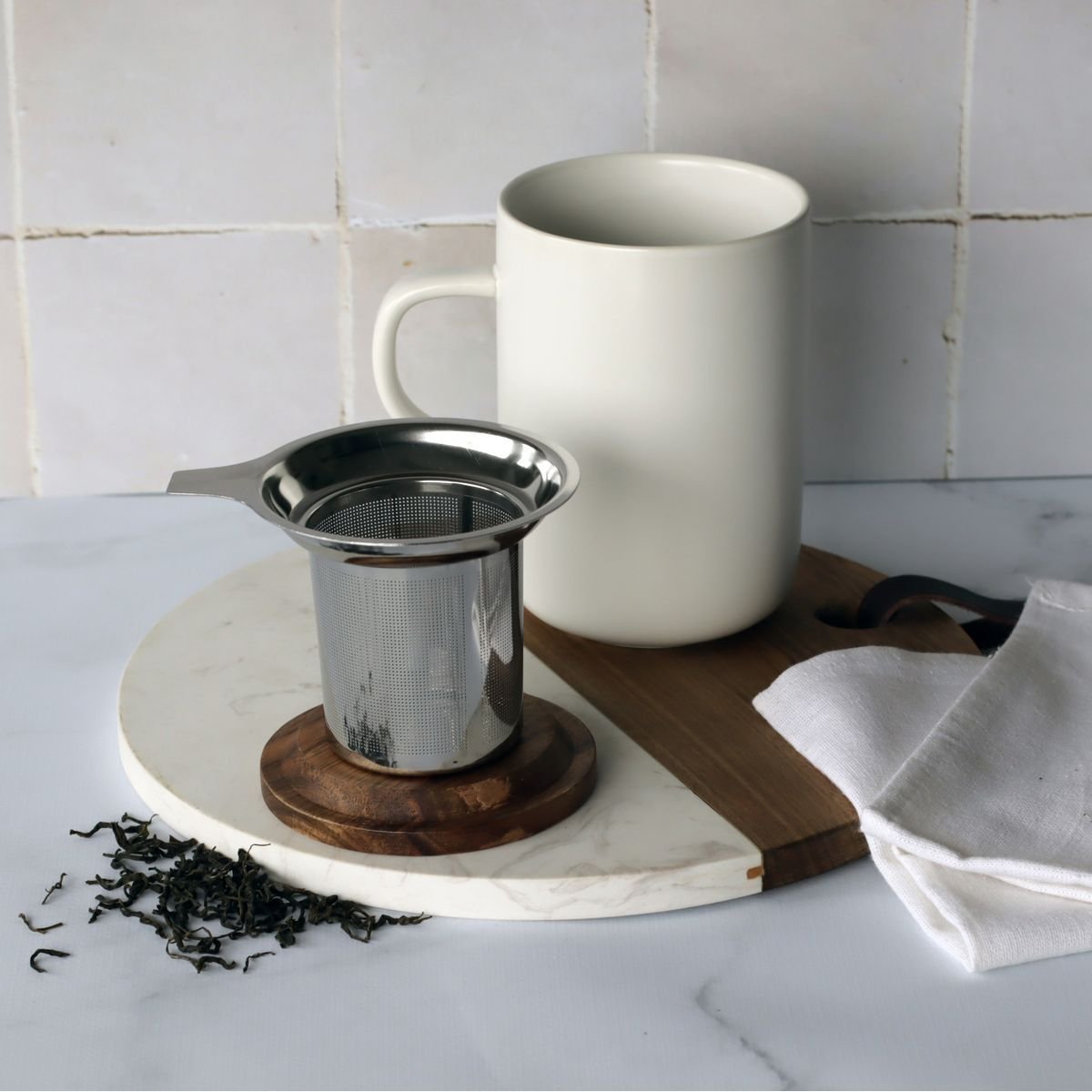 Tisanière en grès avec couvercle en bois d'acacia 475ml, JULIET blanc, OGO LIVING