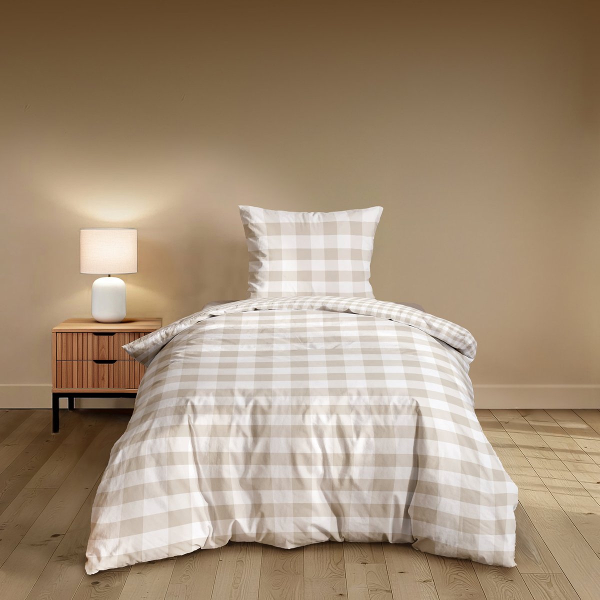 Parure de lit 2 pièces 100 % coton imprimé à carreaux housse + taie naturel, DOUCEUR D'INTÉRIEUR