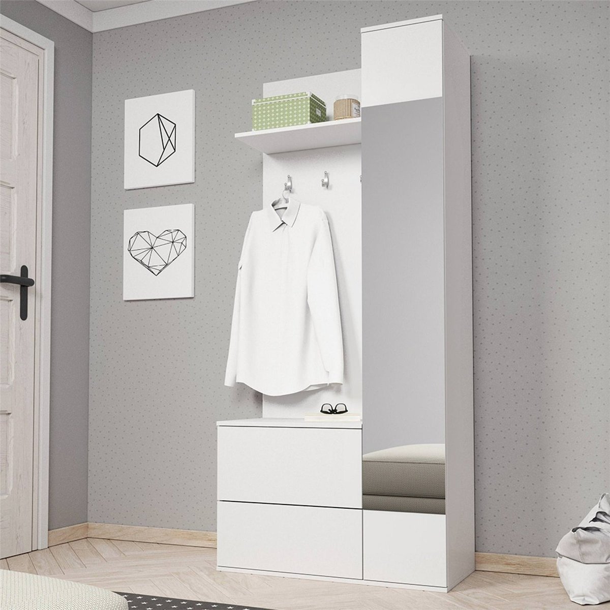 Vestiaire d'entrée avec miroir CHELSY blanc avec détails argentés, RECOLLECTION