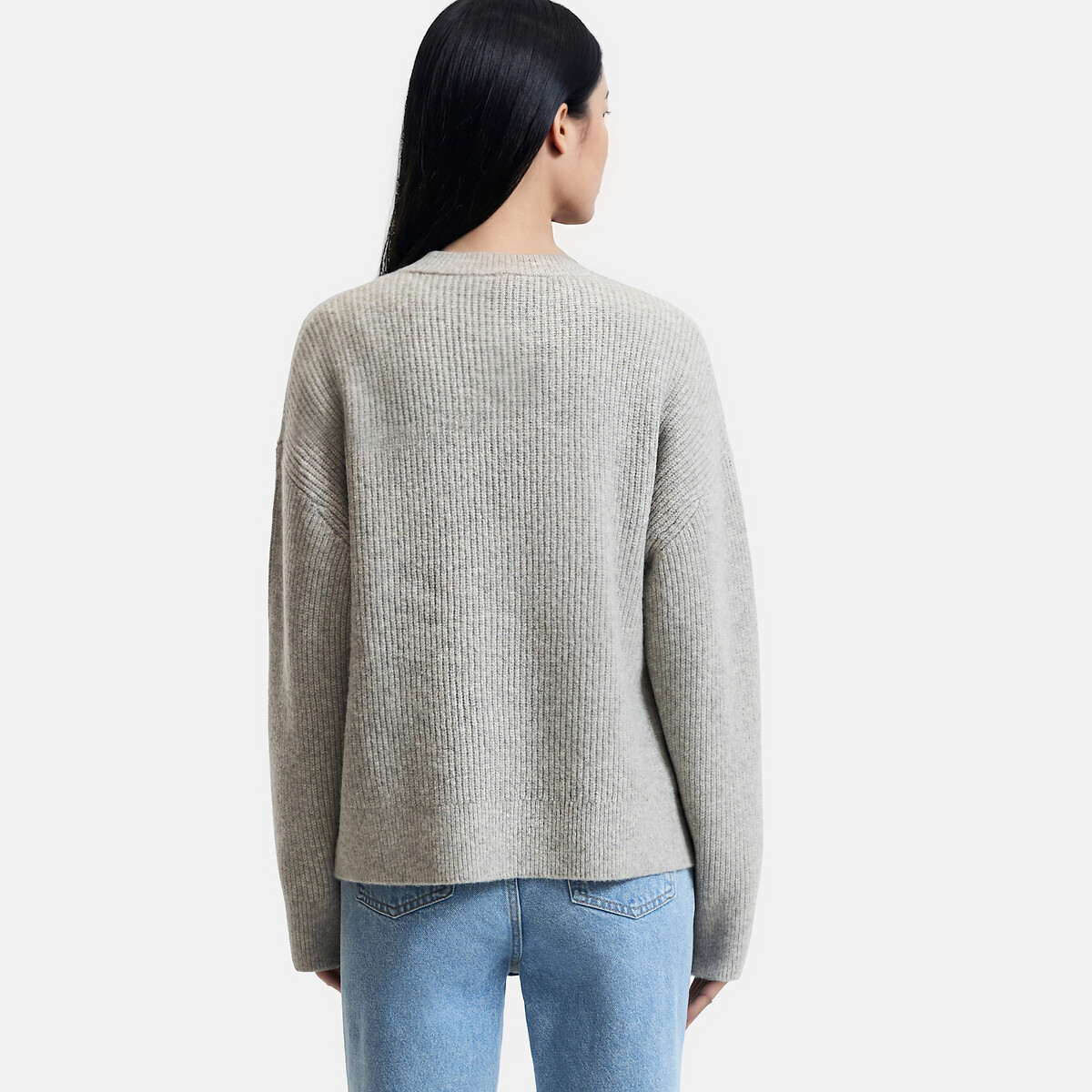 Pull col rond maille côtelée, volume ample gris chiné, LA REDOUTE COLLECTIONS